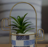 Modern Geometric Ceramic Planter with Artificial Aloe Vera Plant and Gold Metal Stand – Decorative Indoor Pot for Home, Office, and Gift Use